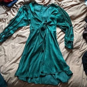 Emerald Green Satin Long Sleeve Dress